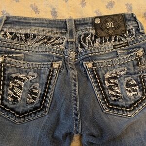 Miss Me Blue Jeans with Black and White Embellishments